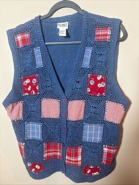 Vintage Koret City Blue Cardigan Womens  Crochet knit vest sweater Grandma core